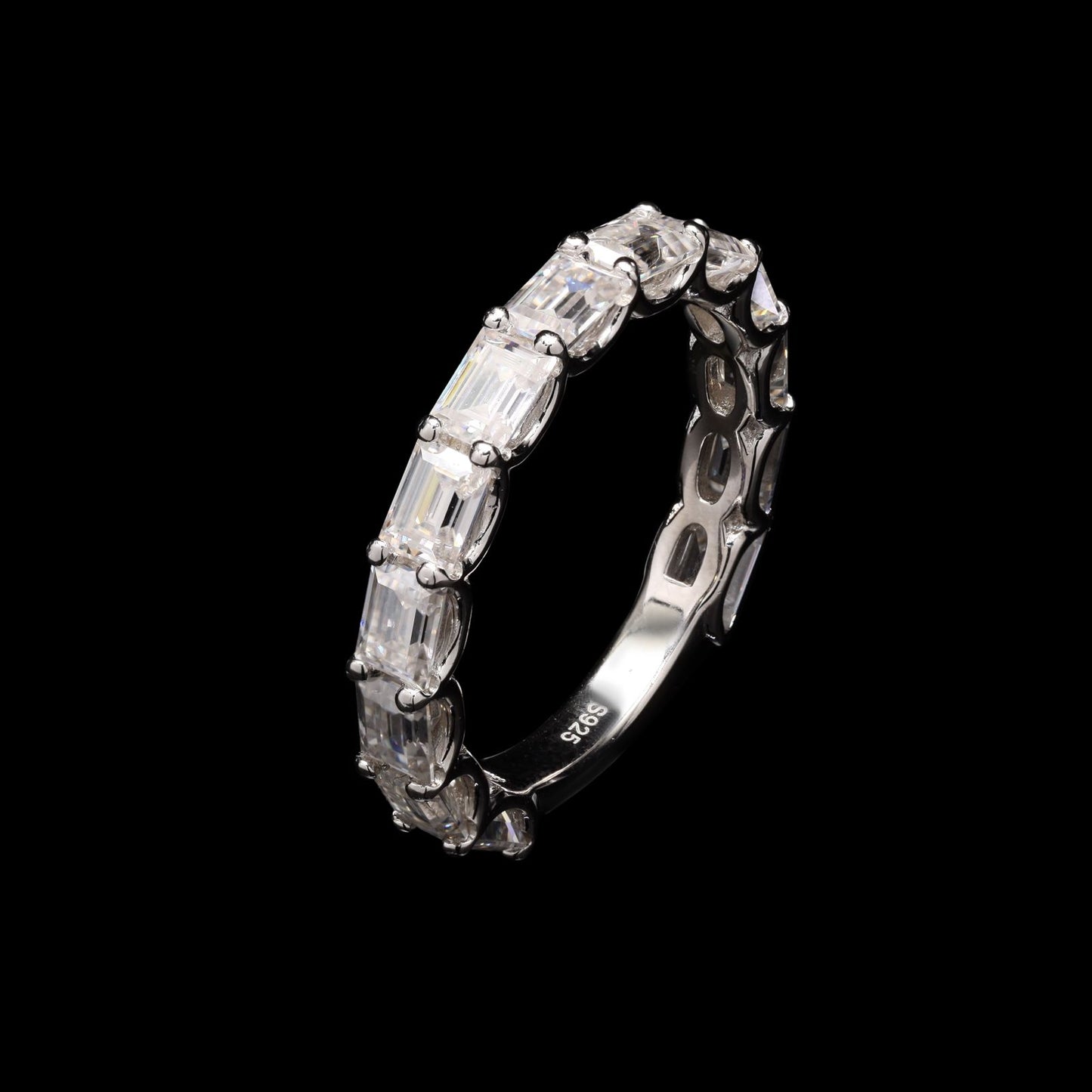 Emerald cut moissanite ring in silver