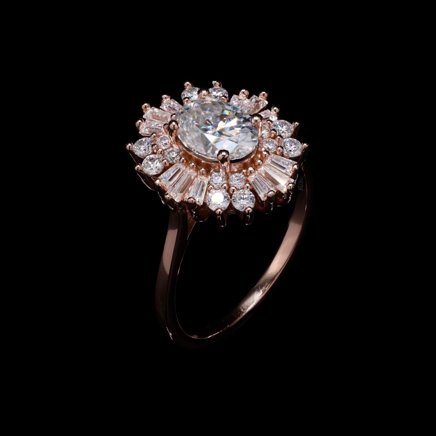 Oval cut and small size baguette and round cut moissanite ring in silver