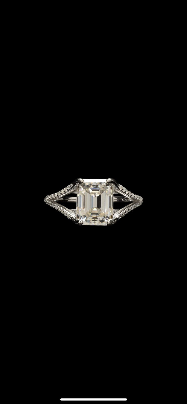 Emerald cut and small size Round cut moissanite ring in silver